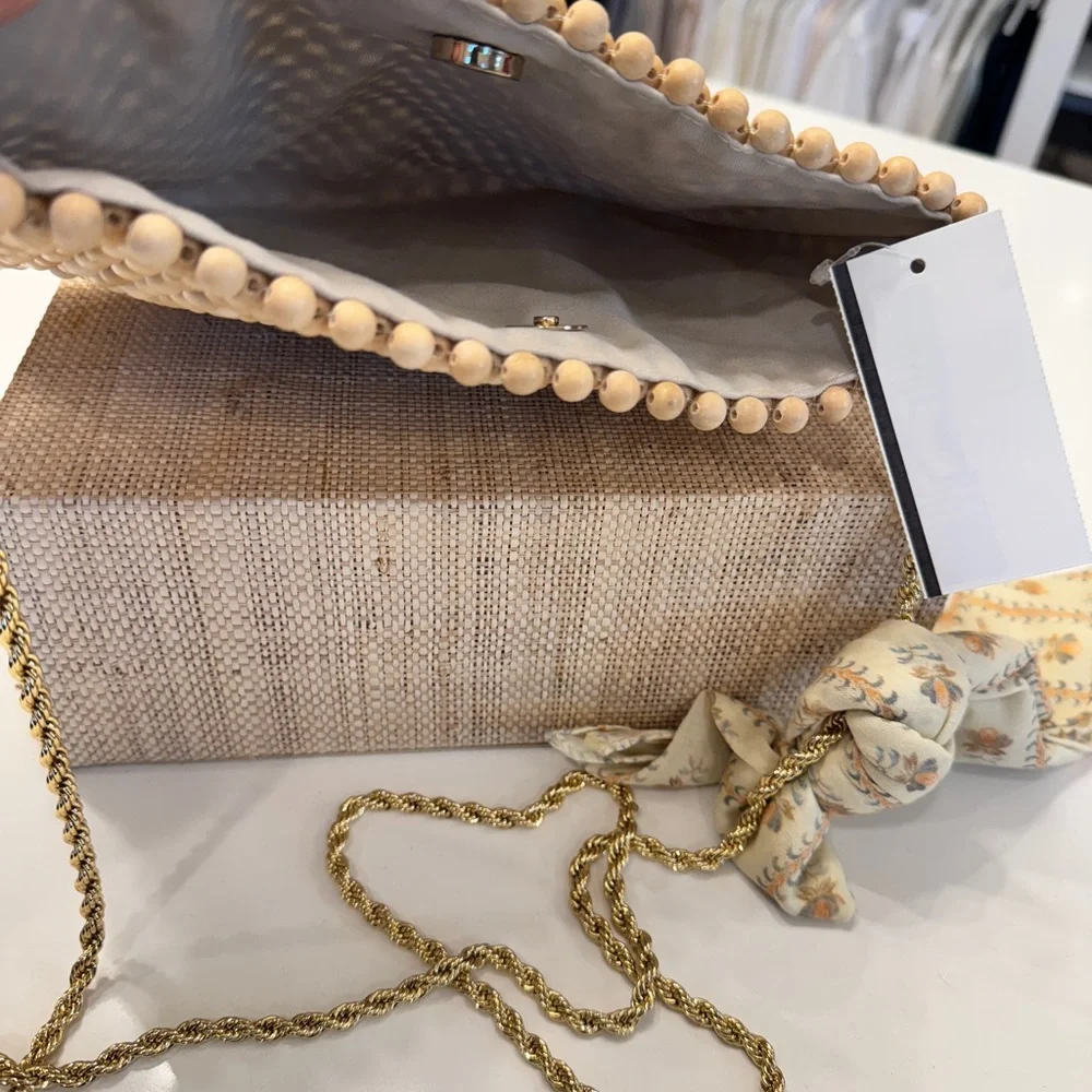 Loeffler Randall Beaded Clutch in Beige with Gold Chain
